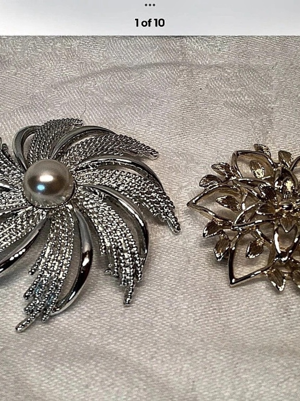2 Sarah Coventry Brooches Faux Pearl Silver Tone Swirl Layered Flower Gold Tone